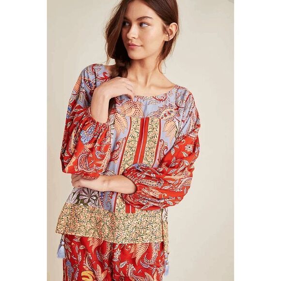 Anthropologie Tops - Anthropologie Sonrisa Paisley Floral Tassel Tie Top Women's Size Large